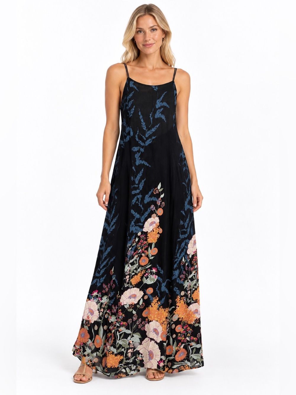Free People Intimately Size Medium Black Floral Maxi Slip Dress with Blue Accent
